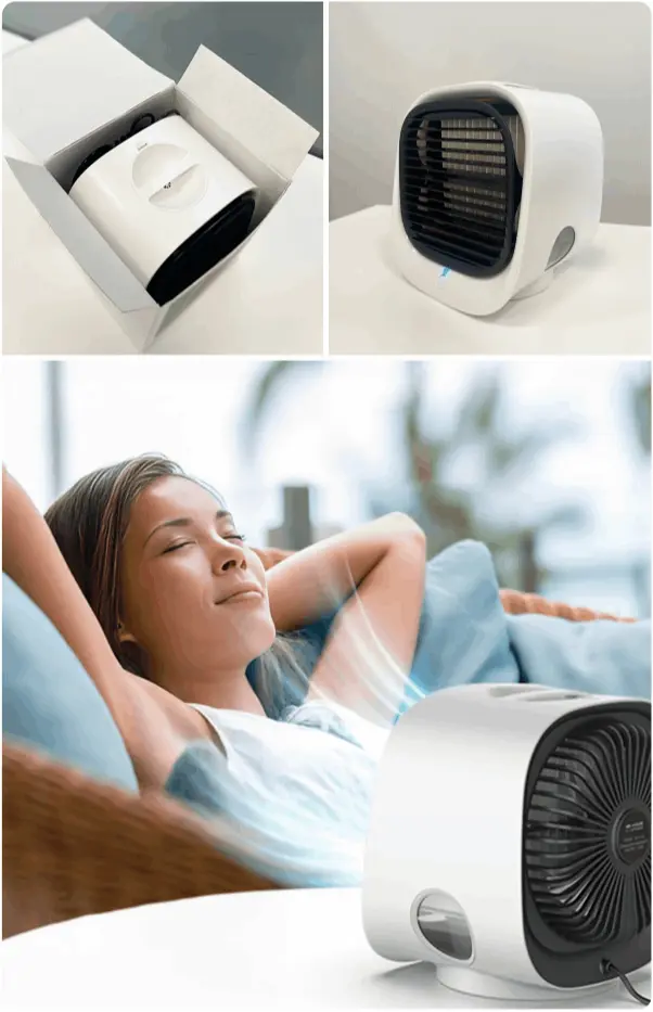 AiraBreeze cooler on a desk beside a laptop
